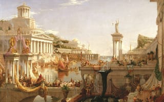 Обои Thomas Cole, The Consummation The Course of the Empire, картина, люди, город, здания, живопись, вода