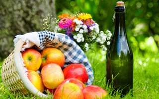 Картинка Пикник, вино, корзина, салфетка, яблоки, цветы, букет