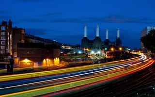 Картинка England, ночь, London, light trails, Лондон, Англия, battersea power station, night