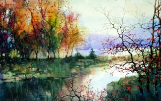 Обои ZL Feng, картина, пейзаж, деревья, река
