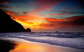Картинка закат, берег, море, волны