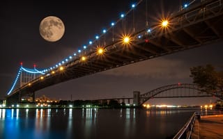 Картинка город, мост, река, луна, ночь