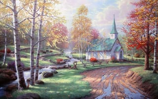 Картинка Thomas Kinkade, дорога, часовня, береза, Aspen Chapel, осень, осина, лужи, камни, зайцы, белка, желтые листья, живопись, ручей