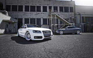 Картинка Audi, white, здание, окна, building, белый, серебристый, диски, С5, silvery, S5, Ауди, пожарная лестница