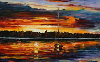 Картинка пейзаж, вода, горизонт, сны озёр, краски, картина, Leonid Afremov, Lake dreams, леонид афремов