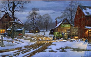 Картинка зима, трактор, снег, собака, дом, ферма, фермер