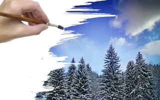Картинка зима, лес, рисунок, рука, снег, кисть