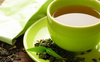 Картинка листья, блюдце, напиток, пакетик, чай, зелёный чай, кружка