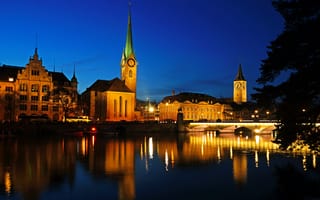 Картинка река, башни, мост, архитектура, ночь, Цюрих, Switzerland, Sities, Night, Zurich, Швейцария, дома