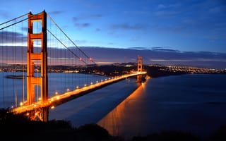 Обои США, Сан-Франциско, San Francisco, Золотые Ворота, California, освещение, Калифорния, мост, Golden Gate Bridge, USA, пролив, вечер