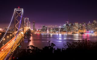 Картинка США, город, bay bridge, ночь, Калифорния, Сан-Франциско, мост из Сан-Франциско в Окленд, выдержка
