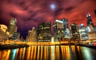 Картинка США, Chicago, ночь, свет, тени, огни, высотки, небоскребы, River North, отражение, побережье, Иллинойс, здания, llinois, город, Чикаго, река, дома, USA