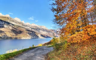 Обои природа, road, пейзаж, горы, дороги, Озеро, autumn, осень, leaves