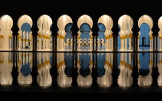 Картинка Abu Dhabi, вечер, Абу-Даби, огни, колонны, мечеть, арки, архитектура, освещение, ОАЭ, Grand Mosque, вода