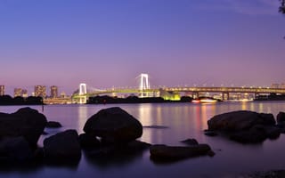 Картинка Япония, мост, Токио, огни, вечер