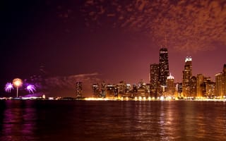 Картинка США, Чикаго, феерверк, ночь, огни, Иллиноис, панорама