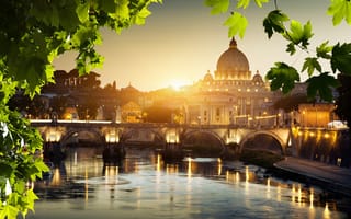 Картинка закат, природа, листья, пейзаж, Rome, Italy, небо, река, вода, мост, город