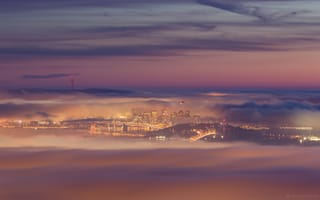 Обои США, туман, мост Бэй-Бридж, город, закат, Сан-Франциско, Калифорния