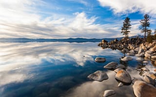 Картинка камни, вода, облака, Carson City County, отражение, Nevada, озеро