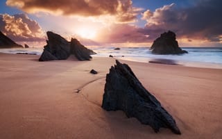 Картинка Michael Breitung, песок, Синтра, море, берег, камни, утро, Португалия