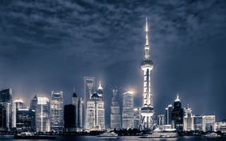 Обои Шанхай, Китай, яхты, ночной город, река, здания, Shanghai, China