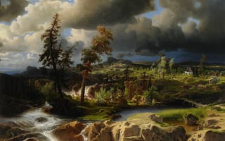 Картинка картина, камни, домики, тучи, облака, небо, мост, река, деревья, Marcus Larson, пейзаж, долина, сосны, валуны