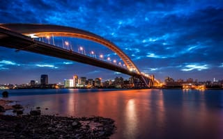 Картинка Шанхай, ночной город, Китай, мост Лупу, Huangpu River, Shanghai, Lupu Bridge, China, река Хуанпу