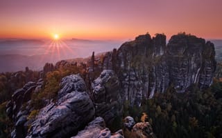 Картинка лес, Michael Breitung, горы, солнце, Саксония, утро