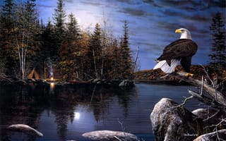 Обои Jim Hansel, Reflections, осень, живопись, река, ночь, лодка, орел, костер, палатка, луна, осенний лес