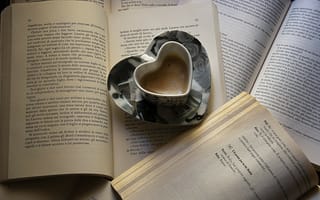 Картинка кофе, страницы, кружка, сердце, книги