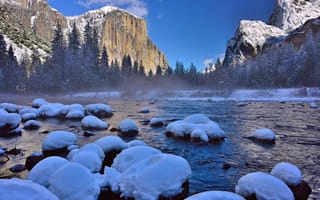 Обои сша, Yosemite National Park, Национальный парк Йосемити, лес, jojo рhotography, Gates of the Valley, снег, река, горы, зима