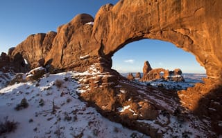 Картинка США, арка, Юта, утро, Jacob W. Frank Photography, скалы, зима, Национальный парк Арки, северное окно