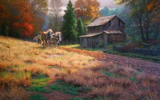Картинка Mark Keathley, деревня, живопись, пашня, осень, The Legacy, дети, кони, поле, сарай