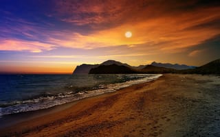 Картинка Крым, солнце, море, горы, волны, пляж, закат, Черное