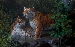 Картинка картина, вода, бамбук, хищники, Виктор Бахтин, тигры, арт, ночь, кошки, рисунок