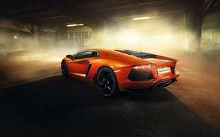 Картинка Lamborghini, свет, машина, Aventador, ангар, суперкар