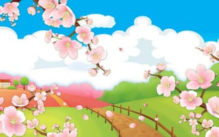 Картинка детское, весна, мульты, сакура, дорога, облака