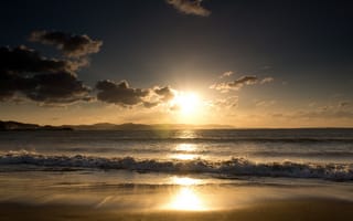 Обои солнце, пляж, волны, море, восход