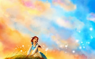 Картинка девушка, трава, поёт, небо, рыжеволосая
