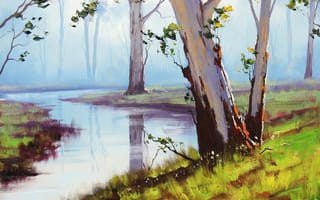 Картинка Australian арт, река, деревья, artsaus, landscape, листья, природа