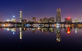 Картинка город, отражение, ночь, огни, Boston skyline, океан, панорамма