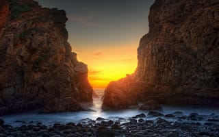 Картинка песок, рассвет, пляж, California, USA, океан, скалы
