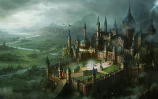 Картинка арт, долина, вид, замок, молния, крепость, река