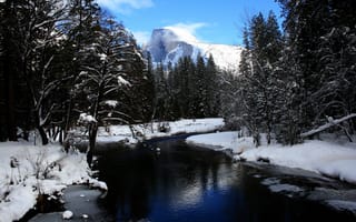 Картинка зима, горы, деревья, река, лес, снег