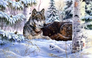 Картинка Mark Daehlin, Heart and Soul, сосна, снег, живопись, ель, лес, шишки, волки, зима