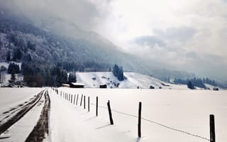 Картинка зима, дорога, забор, пейзаж