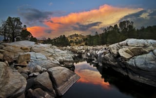 Картинка закат, природа, камни, река, Kern River Valley, США