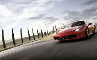 Обои Ferrari, суперкар, пейзаж, разметка, Italia, дорога, машина, 458, Феррари, небо