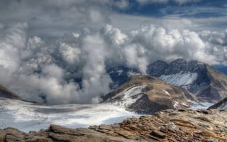 Картинка горы, высота, облака, снег, вершины, скалы