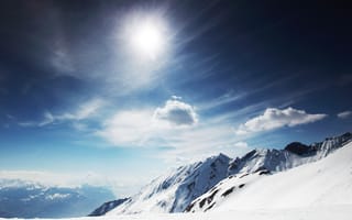 Картинка Winter Landscape, холод, зима, яркое, тучи, солнце, ветер, горы
